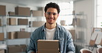 Face, happy or businessman with boxes for small business logistics or supply chain service. Portrait, male person or smile with courier packages in shop for distribution, delivery or freight center