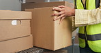 Ecommerce, box and shelf with hands in warehouse for inspection, shipping and supply chain. Online order, quality assurance and inventory management with person for cargo, supplier and distribution