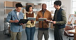 Talking, team and people on tablet for supply chain, shipping schedule and planning for logistics. Business, meeting and workers on tech for inventory list for distribution, delivery report and order