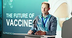 Business, man and talk at seminar with mic, speech and coaching event for future of vaccine. Speaker, podium and audience at tradeshow for presentation, medical innovation and ai healthcare discovery