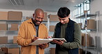 Clipboard, tablet and people in meeting for supply chain, distribution and shipping schedule. Talking, happy and men with tech, inventory and checklist for logistics, courier service and delivery