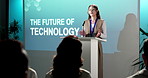 Woman, presentation or podium with speech for future technology, innovation campaign or event. Female person, speaker or seminar with audience or company pitch for tech business or digital workshop