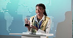 Speech, award and black woman on podium for thank you, nomination or announcement in ceremony. Happy, female person or speaker with reward or trophy for business success, achievement or milestone