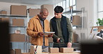 Talking, tablet and men with box scanner for supply chain, distribution and shipping label. Meeting, workshop and people on tech with inventory checklist for logistics, barcode info and delivery