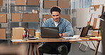 Smile, man and laptop in small business for logistics, fleet tracking system and online invoice. Happy, person and tech in supply chain for shipment status, digital receipt and bill of lading review
