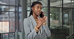Business, negotiation and black woman with phone call in office for online advice or consultation. Female person, sale representative or talking with smile on smartphone for deal or communication