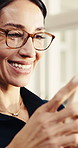 Business, typing or happy woman with phone in office for social media, network or connection. Female person, employee or smile with smartphone for online chatting app, website or texting in workplace