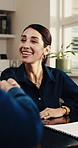Woman, lawyer and meeting with handshake in office for legal agreement, introduction or advice. Happy, female person or attorney shaking hands with clients or smile for partnership or business deal