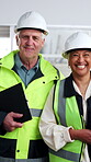 Architect, face and happy team in building, partnership or colleagues with tech on construction site. Civil engineer, collaboration and mature people with tablet, solidarity and property development