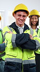 Architect, face and man with arms crossed, partnership or smile for construction project in building. Civil engineering, collaboration and happy people with pride, solidarity and property development
