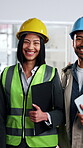 Civil engineer, face and team on construction site, smile and pride for building renovation project. Architect, portrait and happy people with tablet, laugh and collaboration for property development