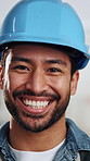 Face, man and worker at construction site, smile and development with helmet for safety standards. Laughing, happy person and builder with gear for building compliance, renovation and maintenance