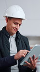 Architecture, development and tablet with happy man on building site for project management. App, construction and planning with property developer on worksite for civil engineering or research