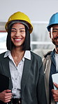 Architect, face and team with smile in building, partnership and confident for construction project. Civil engineering, collaboration and happy people with tablet, solidarity and property development