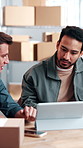 Logistics, discussion and men in office with tablet, shipping track and feedback on stock control. Teamwork, review and supplier with tech, inventory management or export status in distribution depot