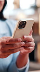 Hands, phone and person in workshop for distribution, ecommerce or supply chain service. Entrepreneur, tech and typing in small business for export, startup growth or stock inventory for logistics
