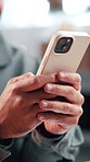 Hands, phone and person in small business for logistics, ecommerce or distribution service. Entrepreneur, supplier or typing in workshop for export, startup growth or stock inventory for supply chain