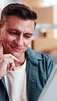 Reading, tablet and man in small business for distribution, ecommerce or supply chain service. Smile, supplier and digital tech in workshop for export, startup growth or stock inventory for logistics
