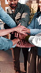 Applause, logistics and team with stack of hands in office with cargo service, achievement or goal. People, clapping and supply chain group with celebration for support, solidarity or collaboration.