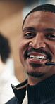Face, call center and man in workplace for communication, contact us and customer support office. Happy, professional and about us for help desk assistance, telecom and client advisor with mic