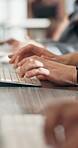 Coworking, hands and typing on keyboard in office, copywriting or digital marketing for creative review. Person, editing or blog with writing in workplace, online forum or newsletter at startup 