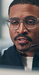 Talking, call center and man in workplace for customer support, computer and communication. Advice, conversation and technology for help desk assistance, telecom and client advisor with microphone