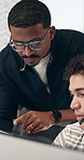 Tech, men and training at call center, help or feedback for insurance sales system on computer. Tablet, talking or manager mentoring with advice for telemarketing, coverage review or teaching intern