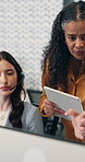 Computer, women and training at call center, help or feedback for insurance sales system. Tablet, talking or manager mentoring people with advice for telemarketing, coverage review or teaching intern