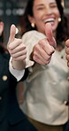 Hands, thumbs up and vote with business people in office for approval, support or thank you. Feedback, gesture and review with employee team in corporate workplace for achievement, like emoji or yes