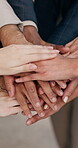 Solidarity, synergy and hand stack with team in business, people and collaboration for achievement. Office, motivation and partnership with colleagues, unity and celebration together for success