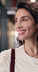 Business, thinking and walking with woman in financial office for arrival or start of corporate job. Finance, ideas and progress with mature employee at investment firm for wealth management career
