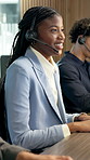 Woman, headset and discussion in call center for advice, customer support and finance help. Coworking, insurance agent and mic in agency for client communication, virtual meeting and online feedback