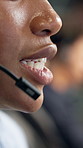 Woman, headset and mouth in call center for discussion, customer support and finance advice. Coworking, insurance agent and mic in agency for client communication, virtual meeting and online feedback