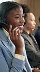 Woman, headset and laugh in call center with discussion, customer support and finance advice. Coworking, insurance agent and mic in agency for client communication, virtual meeting and funny feedback
