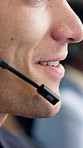 Man, headset and mouth in call center for discussion, customer support and finance advice. Coworking, insurance agent and mic in agency for client communication, virtual meeting and online feedback