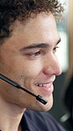 Man, headset and talking in call center for help, customer support and finance advice. Coworking, insurance agent and mic in agency for client communication, virtual discussion and online feedback