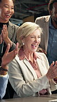 Happy, applause and winning with business people in office for achievement or success together. Excited, employees or colleagues clapping with smile for teamwork, accomplishment or work celebration