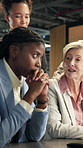 Upset, meeting and business people with bad news in office for project deadline, fail or loss. Disappointed, employees or team with wrong feedback, mistake or negative response together in workplace