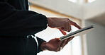 Tablet, man and hands of construction worker in office for research on remodeling, building or renovation. Technology, industry and civil manager with feedback on workplace repairs or maintenance.