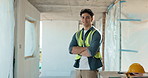 Face, man and smile at site for construction, compliance and renovation laborer for architecture. Portrait, male person and confident employee with arms crossed, manual labor and building development