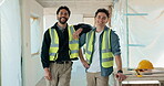 Construction worker, face and men with smile in building, teamwork and solidarity for career growth. Builder, portrait and happy people with project, confident and collaboration for renovation