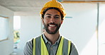 Face, man and happy at site for construction, compliance and renovation laborer for architecture. Portrait, male person and confident employee with job ambition, manual labor and building development