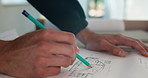 Hands, blueprint and drawing on construction site with architect, design and urban infrastructure. Engineer person, paperwork and floor plan for contractor, property development or project management