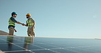 Engineer, meeting or outdoor with handshake for solar panel, installation deal or welcome. Men, shaking hands or space with photovoltaic system for renewable energy, compliance solution or discussion