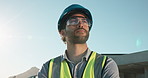 Thinking, man and construction worker on site with ideas, reflection or planning for building repairs. Inspection, choice and civil engineer with decision for maintenance or property development.