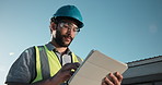 Tablet, man and construction worker on site outdoor with research for building maintenance. Digital technology, email and mature civil engineer with feedback on repairs, renovation or remodeling.