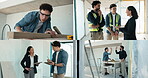 Construction, series and people with tech in building, woodworking or high five for interior design. Carpenter, celebration and inspection with tablet, montage and happy team with renovation project