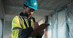 Man, electrician and writing at site with clipboard, inspection and circuit compliance for construction. Thinking, person and checklist at worksite for protocol, electrical report and building safety
