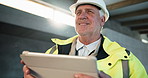 Tablet, thinking and man at construction site, inspection development or quality control with flare. Tech, mature person or happy engineer with building information, safety evaluation or solution