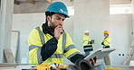 Man, planning and construction worker with tablet on site with research for building repairs outdoor. Thinking, technology and civil engineer with feedback for decision on maintenance or renovation.